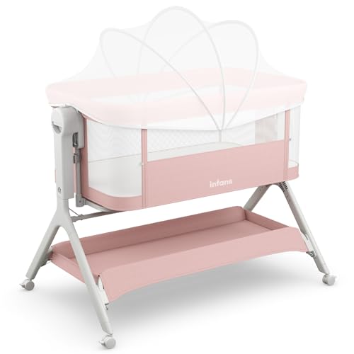 Image of INFANS 5 in 1 Baby Bassinet, Upgraded Rocking Bedside Sleeper with Wheels, Storage Basket, Travel Bag, Mosquito Net, Height Adjustable, Portable All Mesh Crib for Newborn/Infant (Pink)