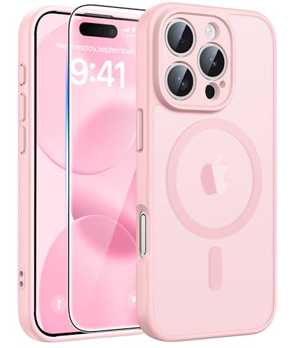 FNTCASE for iPhone 16 Pro Max Case: [Compatible with Magsafe] Translucent Matte Cases with [Full Camera Protection] [Screen Protector] Military Grade Shockproof Protective Phone Cover - Light Pink