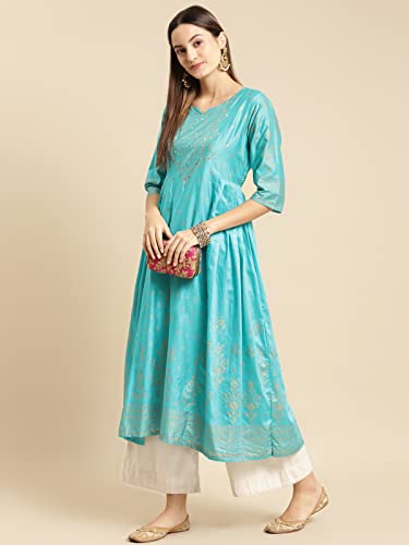 Image of rangita Turquoise Viscose Calf Length Printed Anarkali Kurti for Women | Kurta for Women
