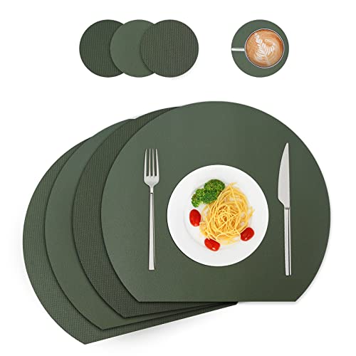 WAKOSAN Leather Placemats and Coasters, Washable Round, Place Mats for Kitchen Dining Table Set of 4 (Semicircle, Green)