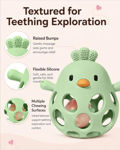 Image of Tinabless 2-in-1 Baby Teether Rattle Toy, Easy Grip Silicone Teething Toy for Babies 3-12 Months, BPA-Free Sensory Chew Toy for Sore Gums, Infant Shower Gift (Green w /Rattle)