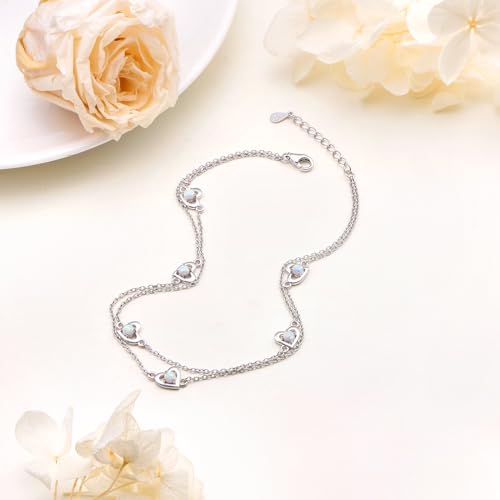Image of Flyow Anklet for Women S925 Sterling Silver Adjustable Foot Beaded Heart Charm Ankle Bracelet Anklets Jewelry