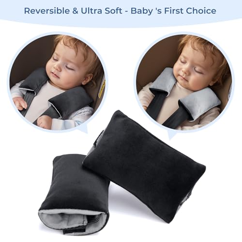 Image of COOLBEBE Car Seat Straps Shoulder Pads for Baby Kids, Super Soft Seat Belt Covers for All Car Seats /Pushchair /Stroller /High Chair (Black /Grey)