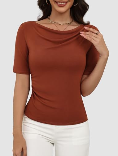 Women's Cowl Neck Half Sleeve Top Flowy Lyocell Summer Casual Tunic Tops Slim Fit Dressy T-Shirts2