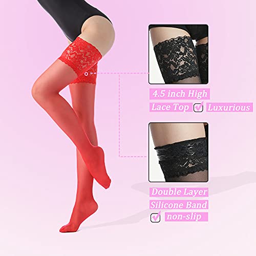 Image of G&Y Thigh High Stockings with Silicone - 15D Sheer Lace Top Nylon Stay Up Pantyhose for Women