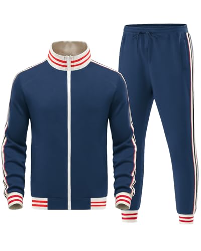 Men's Tracksuit 2 Pieces Set Full Zip Fleece Sweatsuit Casual Outdoor Sports Jogging Suits Set With Stripes