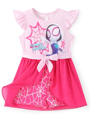 Disney Marvel Spider-Gwen Toddler Girl Romper With Tulle Skirt Overlay Ruffle Sleeves Jumpsuit with Bow Kids One Piece Outfit Summer Clothes Pink 2T
