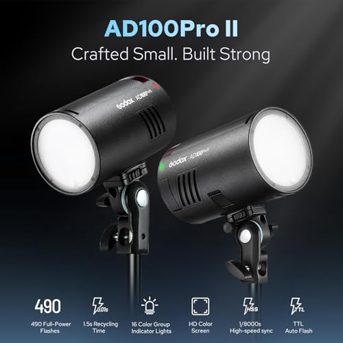 Image of Godox AD100ProII 100Ws Pocket Portable Studio Flash, Compatible with Canon Nikon Sony, 2850mAh Battery 360 Flashes 1 /8000s HSS TTL, IP54 Outdoor for Wedding Portrait Photography