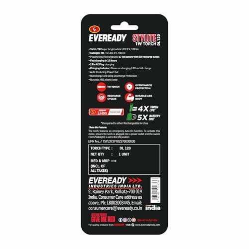 Image of Eveready Stylite DL120,Rechargeable 1W Emergency Led Torch with 1W Sidelight,Easy Plug-in Charging,Auto On Function,Durable ABS Body,Overcharge & Deep Discharge Protection,Powered By Li-Ion Battery