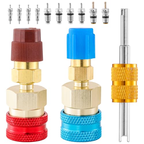 R1234YF Quick Coupler Kit, R1234yf to R134a Quick Coupler Adapter, R1234YF High and Low Side Quick Couplers Kit with R134A R12 R22 Valve Core for AC Charging Refrigerant Air Conditioning System