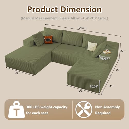 Image of 96 inch U-Shape Cloud Couch, Modern Modular Sectional L-Shape Sofa with Ottoman, Corduroy Upholstered Couches Deep Seat Sleeper Chaise Longue for Living Room, No Assembly Required(Green, Left Facing)