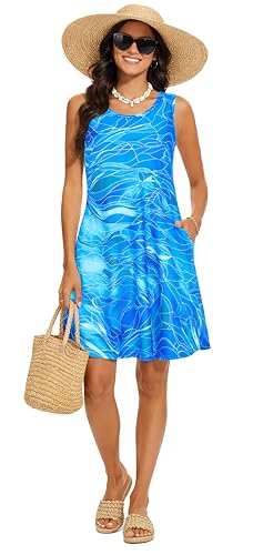 Image of Summer Dresses for Women 2026 Casual Sundresses Beach Cover Ups Sleeveless Tshirt Swing Dress with Pockets
