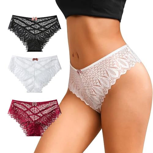 KOEMCY 3 Stück Unterhosen Damen Sexy Unterwäsche Spitze Erotische Verführerisches String Tanga Atmungsaktiv Panty Set (M)