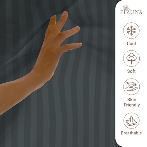 Image of Pizuna 100% Cotton Bedsheet Super King Size with 2 Pillow Covers, 300 Thread Count Long Staple Cotton, Stripes Pattern Flat Bed Sheet 108X108 Inch for Superking Bed, Anthrazit-Grey