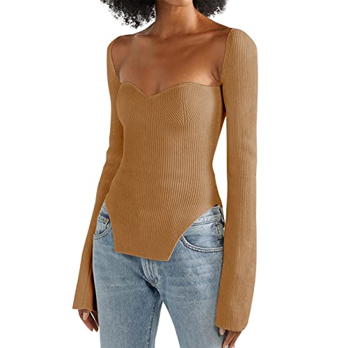 Image of Women's Square Neck Ribbed Knitted Sweater Long Sleeve Crop Slim Fitted Basic Pullover Tops