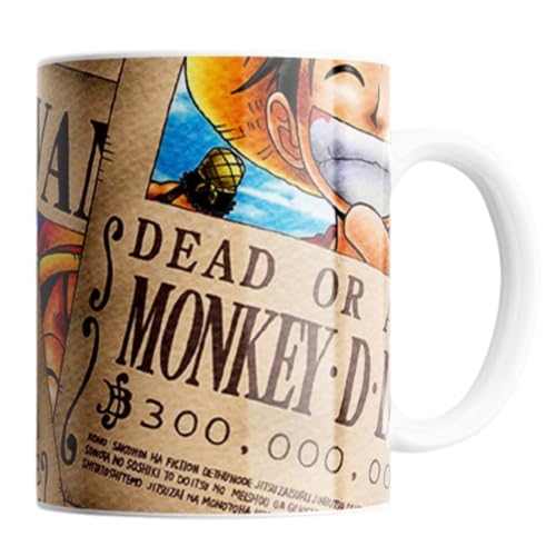 One Piece Anime Ceramic Coffee Mug, Dead or Alive Monkey D Luffy, 12oz, White Cup, Gift for Office and Home Kitchen, Microwave Safe, Ceramic , Perfect for Your Coffee Mornings and for Anime Lovers
