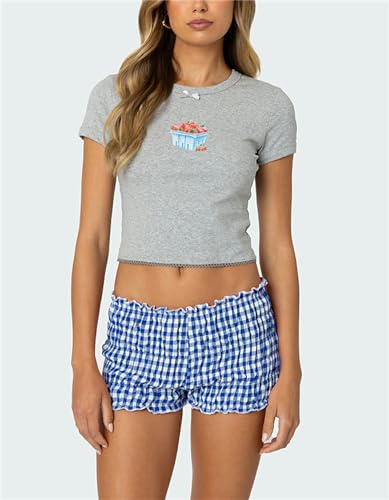 Image of Yuemengxuan Women Y2k Ruffle Shorts Ruched Plaid Shorts Micro Shorts Pajama Bottoms Y2k Cute Fairy Lace Edge Pettipants