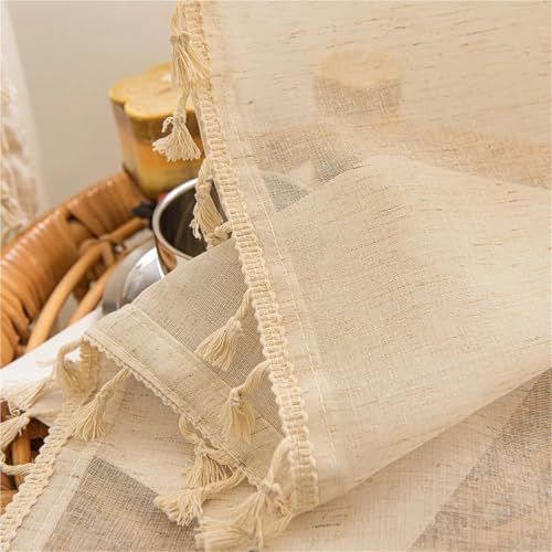 Rideau dentelle semi-transparent à pompons style champêtre rétro