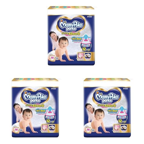 Image of MamyPoko Pants Extra Absorb Baby Diapers, Medium (M Size) | 7-12 kg | 56 Count |Deep Sleep Diapers| Soft Gentle fit |Deep Absorbent Crisscross | Skin Friendly with Coconut Oil | (Pack of 3)