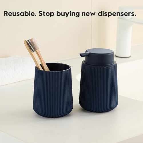Image of YAUKPH Striped Liquid Hand Soap Dispenser with Leak-Proof Pump for Bathroom and Kitchen Countertop 11oz Navy Blue