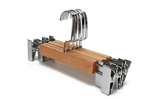 CA&HomeDecor Hanger Natural Finish Wooden Pants Hangers Theaceae Skirt Hangers With Two Adjustable Anti-Rust Clips,Pack of 5