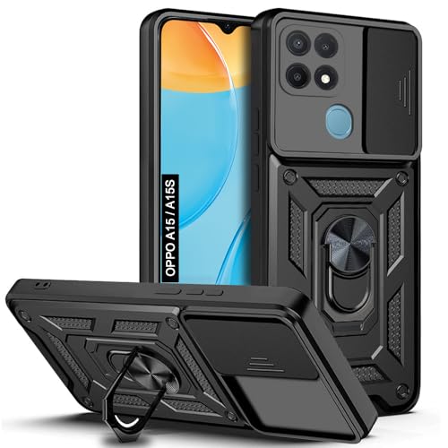 Image of AESTMO Tough Armor Oppo A15 / A15s Bumper Back Case Cover | Ring Holder & Sliding Camera Shield Cover | 360 Degree Protection Back Case Cover for Oppo A15 / A15s (Black)