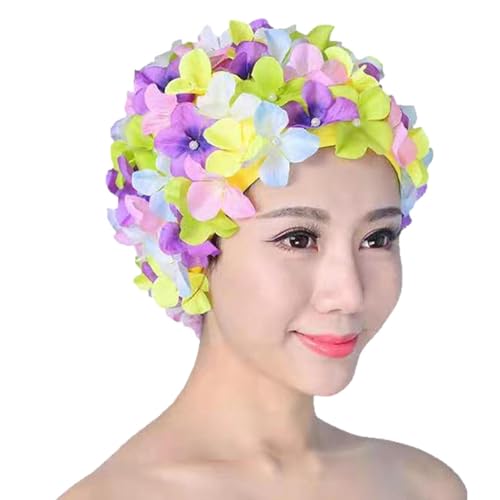 Gorro De Natación con Flores | Gorro De Natación con Pétalos Florales | Baño Estilo Retro | para Parques Acuáticos Piscina | para Cabello Largo/Corto | 6 Colores