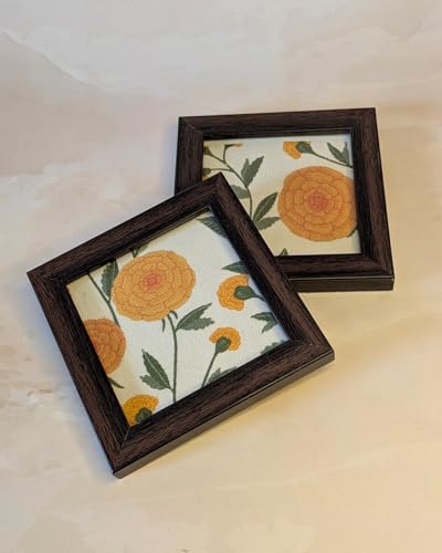 Image of Coaster | Wooden Square Shaped Frame | Stylish Ethnic Tabletop Design | Ideal for Home & Office | Perfect for Tea Cups, Coffee Mugs & Glasses (Marigold, Set of 2)