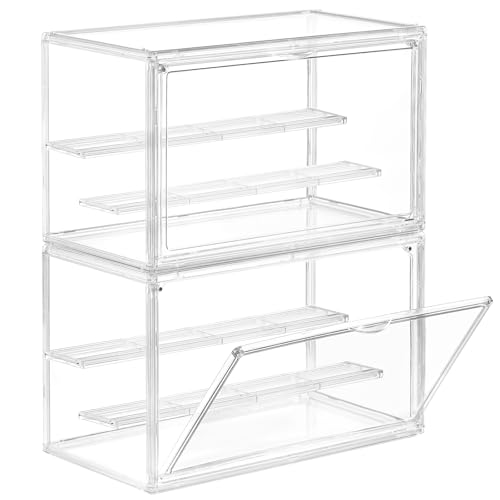 Image of Freebat Clear Acrylic Display Case for Collectibles - 3-Tier Adjustable Figure Display with Magnetic Door & Removable Shelves,Stackable Dispaly box for Figures - 2 Pack