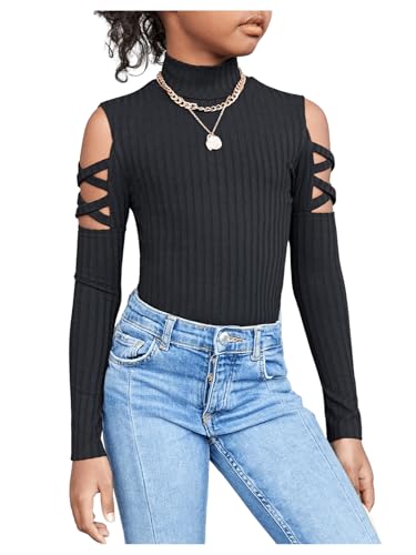 SweatyRocks Girl's Mock Neck Long Sleeve Ribbed Knit Top Criss Cross Cut Out Tee Shirt3