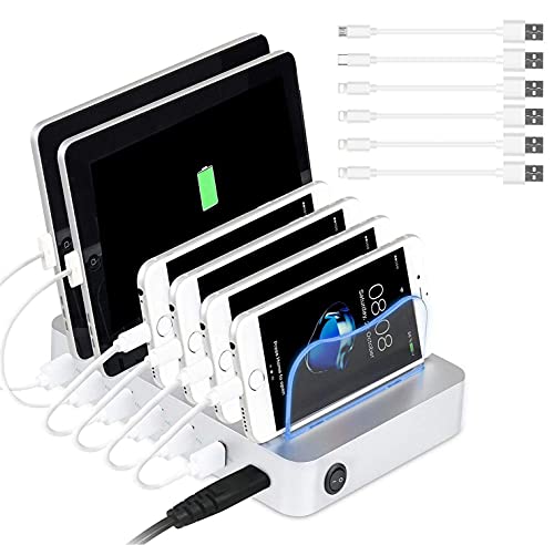 PRITEK Stazione di Ricarica USB con Cavi USB Corti per Dispositivi Multipli 50W/10A Organizer a 6 porte per Cellulare Tablet Auricolare MP4 e altri Gadget Abilitati (Argento)