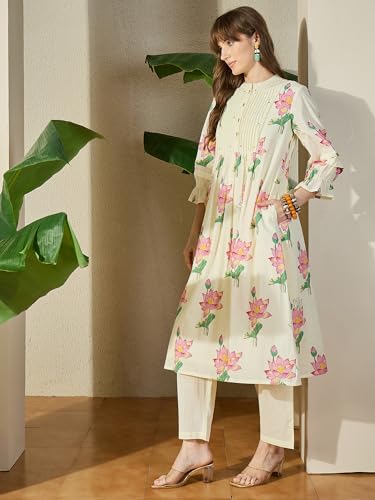 Image of INDO ERA Women's Pure Cotton Floral Printed A-Line Calf Length Kurta & Pant Set (IESTR12117)
