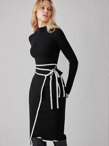 CIDER Sweater Dress for Women Long Sleeve Dress Mock Turtleneck Bow Tie Midi Work Dresses Old Money Dresses Fall Winter4
