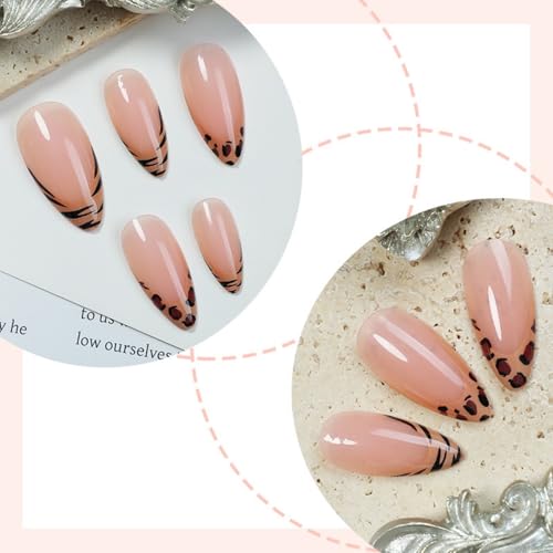 Image of Leopard Print Nails Press ons French Tip Press on Nails Medium Almond Fake Nails Nude Glue on Nail Glossy Full Cover Artificial Acrylic Stick on Nail for Women Manicure 24Pcs