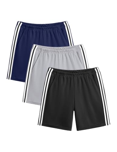 WRYGRTA 3 Pack Toddler Boy Athletic Shorts Boys Soccer Shorts Basketball Short Pants with Pockets Black/Gray/Navy 3T