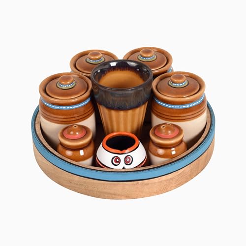 Image of AAKRITI ART CREATIONS Heritage Flavor Kit with Tray | Set of 4 Ceramic Achar ki Barni & Mukhwas Box | Includes Glass, Toothpick Holder, Salt & Pepper Shakers & Spoons