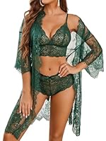 Avidlove Damen Sexy Dessous Set Spitze 3-Teilig Negilgee Unterwäsche Netz-Nachthemd Dünn Kimono Mesh Lingerie Sets Mit BH und Höschen,GrünM