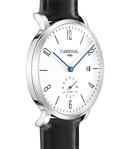Image of MASTOP Mens Ultra-Thin White Dial Watches Leather Strap Fashion Waterproof High End Automatic Mechanical Watch