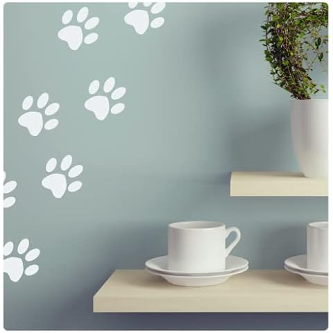 x12 White Paw Print Wall Stickers Vinyl Transfers Art Decal Graphics Bargain Removable Cheap House Pet Cat & Dog Décor Modern Self Adhesive Cute Puppy / Kitten Home Wall Art from LaoGraphics® (White) Cover