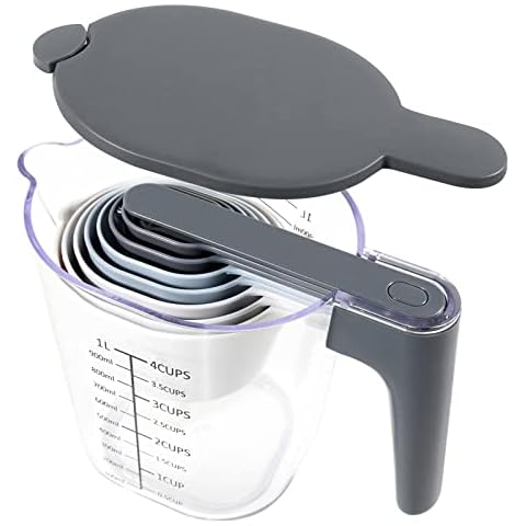 Recogwood Measuring Cups and Spoons set, 9 Cup Measuring Cup with Lid, Nesting Measuring Cups with Funnel and Scraper, Liquid and Dry Measuring cup, BPA Free, Dishwasher Safe, Dustproof Cover
