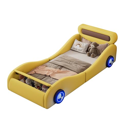Autobett Kinderbett Jugendbett 90x200, Polsterbett Einzelbett mit leuchtenden Rädern&Stauraum, Aufregendes Auto Kinderbett für kleine Rennfahrer, Kinder Spielbett mit Lattenrost, PU,Ohne Matratze,Gelb