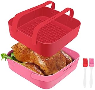 Air Fryer Silicone Liner,2 Pcs 7 Inch Reusable Air Fryer Silicone Basket and 2 Pcs Brushes, with Handle for Easy Cleaning, Heat Resistant Kitchen Cooking Pot Accessory, for Air Fryer, Oven, Microwave