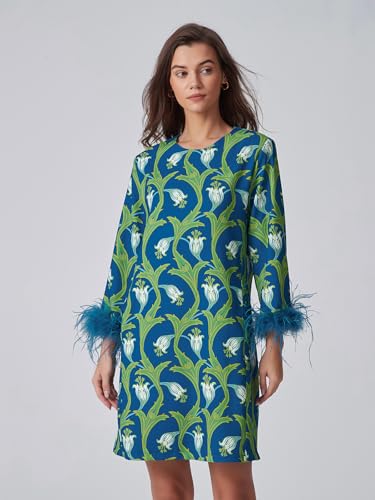 Image of D-Sun Women Feather Dress 3 /4 Feather Sleeves Mini Dress | Round Neck,Elegant Party Dress, Wedding Guest Cocktail Dresses with Pocket