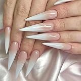 MISUD Press on Nails - Long Stiletto Glue on Nails with Nude Ombre, Acrylic Natural Design 24 pcs