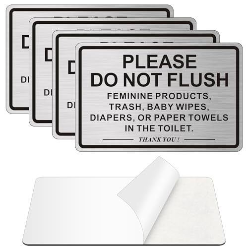 (4 Pack) Do Not Flush Sign for Bathroom, Self-adhesive Do Not Flush Anything Except Toilet Paper Sign, Durable Aluminum Metal Restroom and Bathroom Signs for Business and Home Wall (4, Brushed Aluminum /Black, 6 x 4 inches)