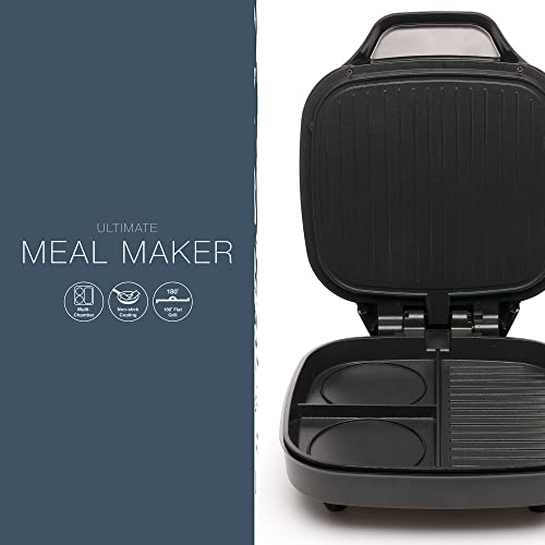 Kitchen Perfected Ultimate Meal Maker, Cook your breakfast, lunch or dinner from one easy compartmentalised grill, 180 degree griddle, black - E2791