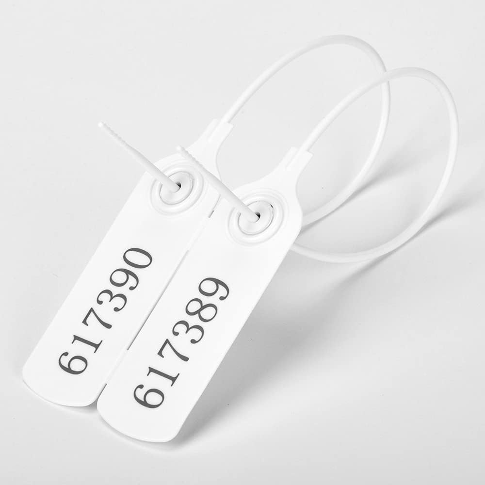 Middle Duty Plastic Seal Pull-Tite Security Seal Numbered Security Tags Self-Locking Safety Ties Zip Ties for Garment Cloethes Shoes Bags and Logistics (White, 500 PCS)