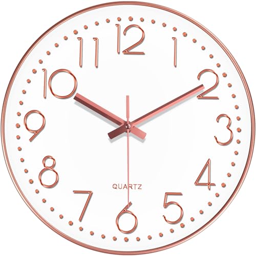 Image of Modern Silent Wall Clock - 12 Inch Wall Clocks Battery Operated Large Number, Non-Ticking Analog Clock with Tempered Glass Quartz Clocks for Living Room Bedroom Office Kitchen, Rose Gold