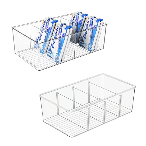 AIYULONG Fridge Organisers,Clear Plastic Freezer Storage Boxes with 3 Dividers – Perfect kitchen cupboard storage & organisation, Pantry drawer organiser for Snack,Spice Packet (2 Pack)