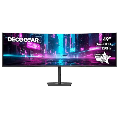 Deco Gear 49″ Curved Ultrawide Dual-QHD Monitor | 5120×1440 32:9 HDR400 | 120Hz VA Panel | USB-C 65W PD, FreeSync, PBP/PIP, KVM Switch | Built-in Speakers & Ergonomic Stand
